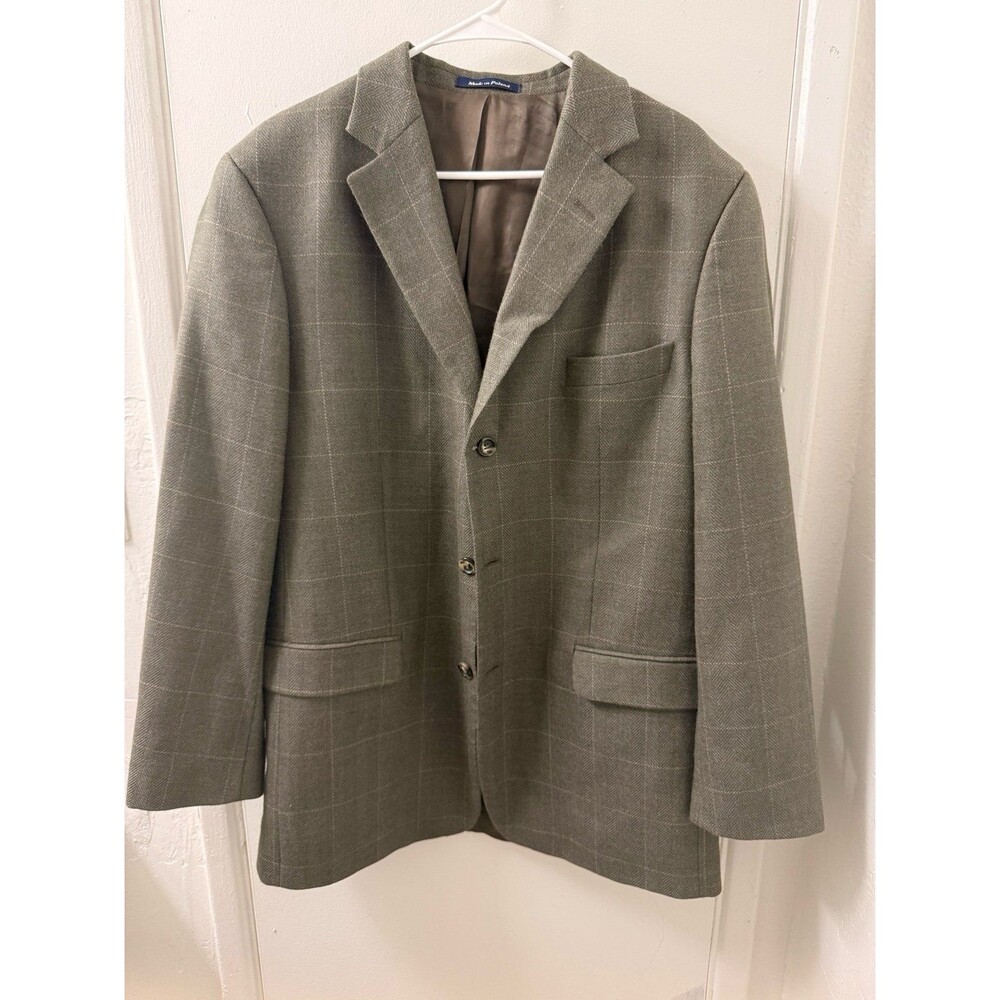 Alan Flusser Men’s Classic Blazer 44L Herringbone Green Beige 100% Lambswool Mad